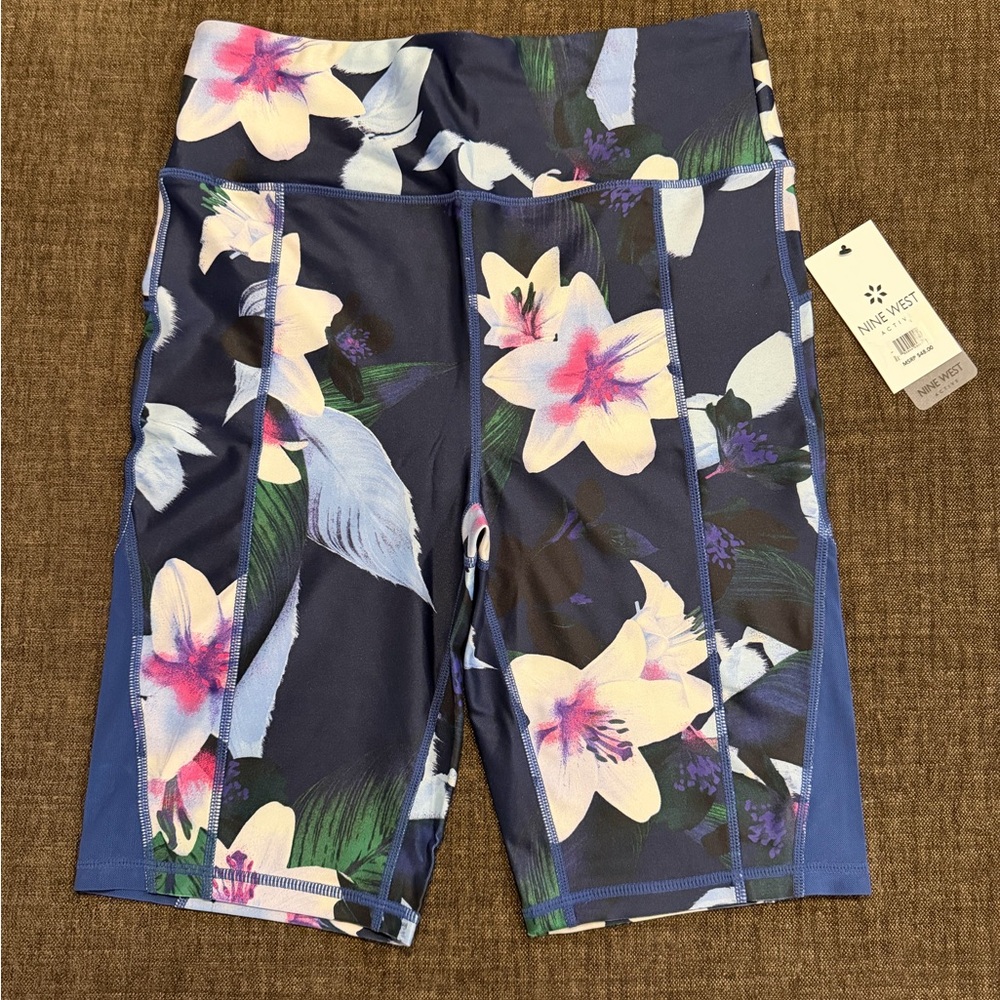 Nine West Navy Floral High-Rise Biking Shorts NWT Size L